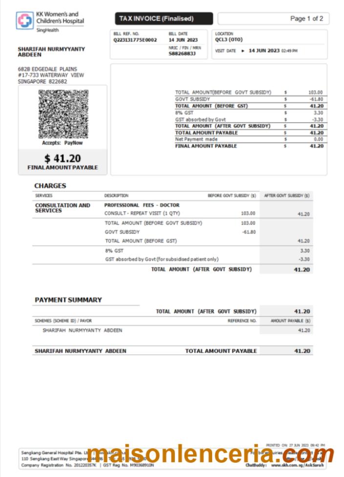 Singapore KK Hospital tax tekst faktury i szablon PDF